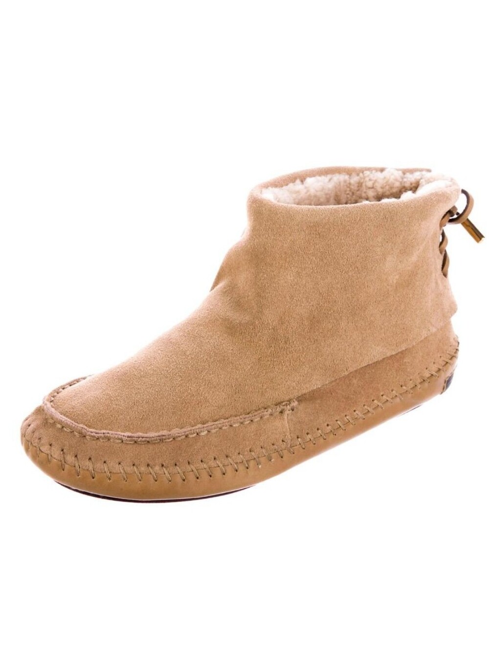 Tory Burch Moccasin Ankle Boots Shearling Lined Suede Leather Tan Logo Boho